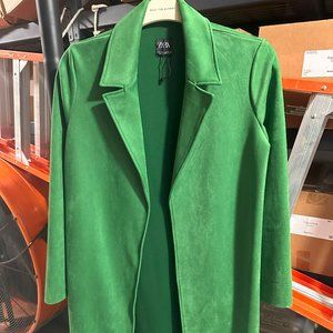 Zara Womens Jacket Coat Suede Open Front Long Sleeve Green Small